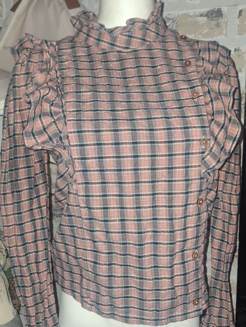 Mo•Vint plaid ruffle blouse Pink/Blue/Gray